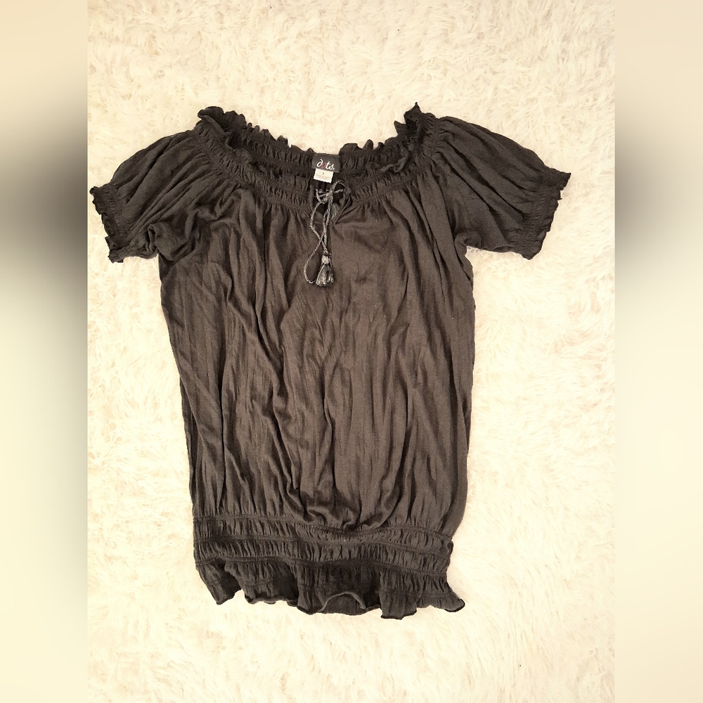 Dots Off-Shoulder Drawstring Blouse In Smokey Sage Size L
